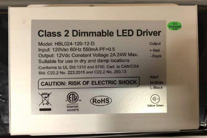 Picture of Driver for Puck Light, 24W, 12 Vdc, Constant Voltage, Max 2A, Triac Dimming, 120 V, support 8 puck lights/time