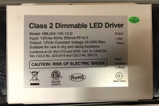 Picture of Driver for Puck Light, 24W, 12 Vdc, Constant Voltage, Max 2A, Triac Dimming, 120 V, support 8 puck lights/time