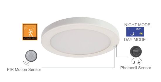 Picture of 9" LED Flush Mount with PIR Motion Sensor & Photocell, 18 watts, 1476 lms, CRI 90+, Pre-select 5 CCT, Dims to 30% by Sensor, IC & Wet Location Rated, Round, White